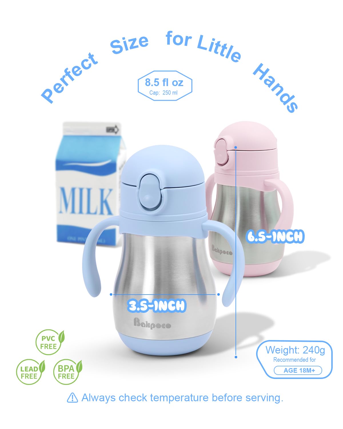 Bakpoco insulated toddler bottle in blue keeps drinks cold at daycare
