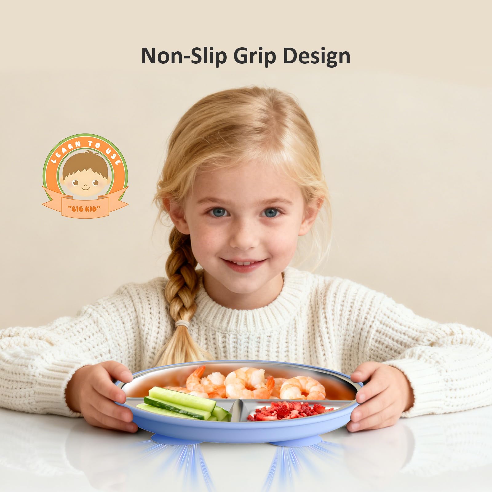 Bakpoco soft color toddler plate in calming hues promotes independent eating.