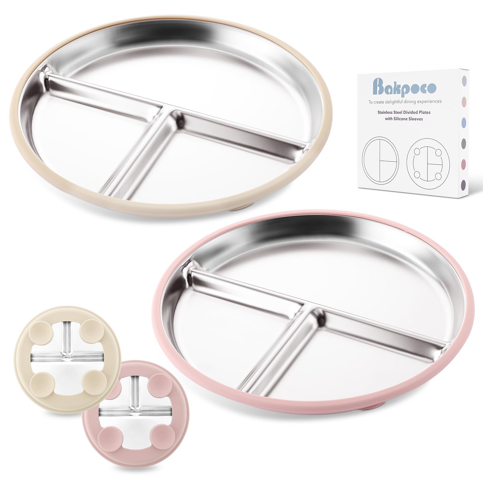 Bakpoco stainless steel baby plate with suction base keeps meals neatly on clean trays