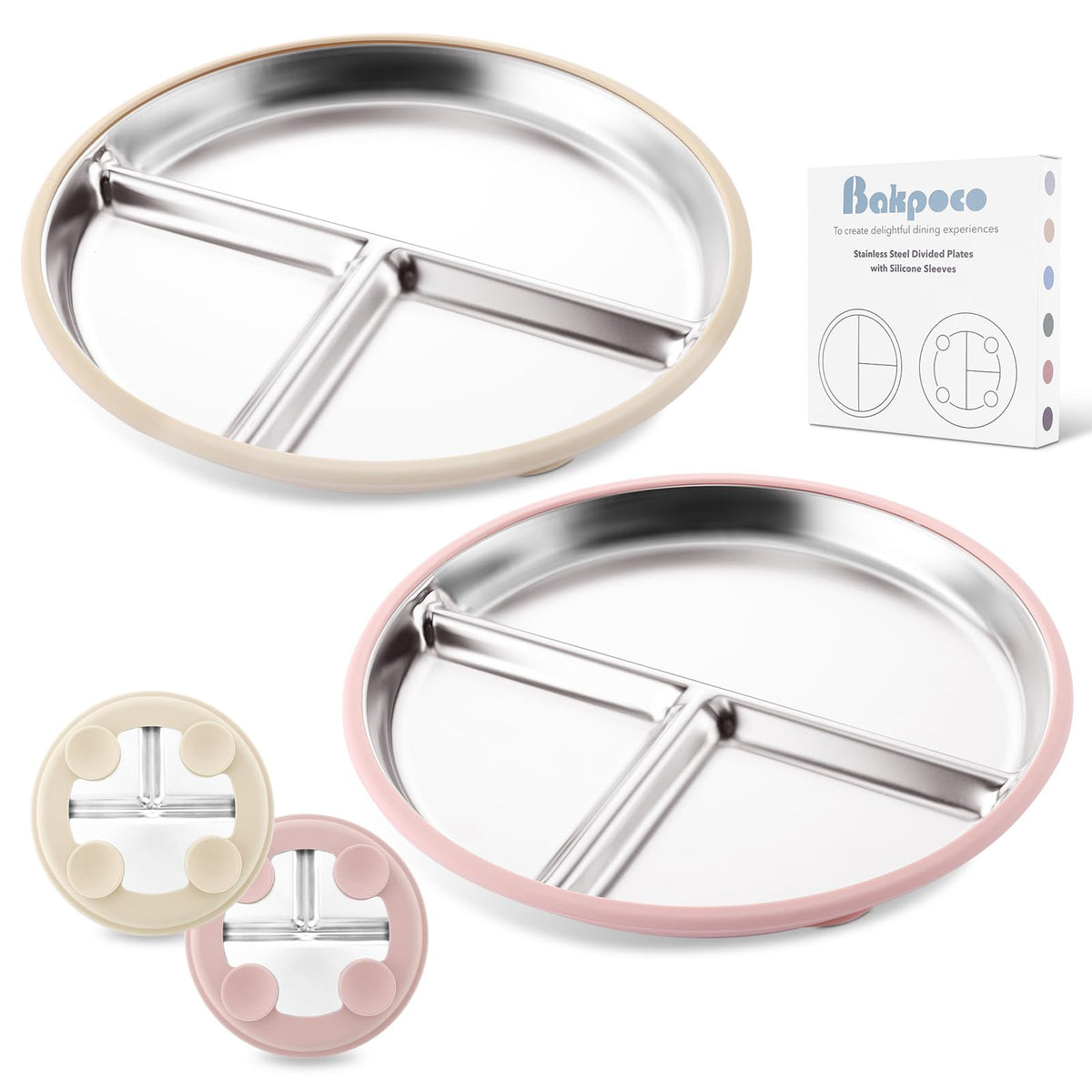 Bakpoco stainless steel baby plate with suction base keeps meals neatly on clean trays