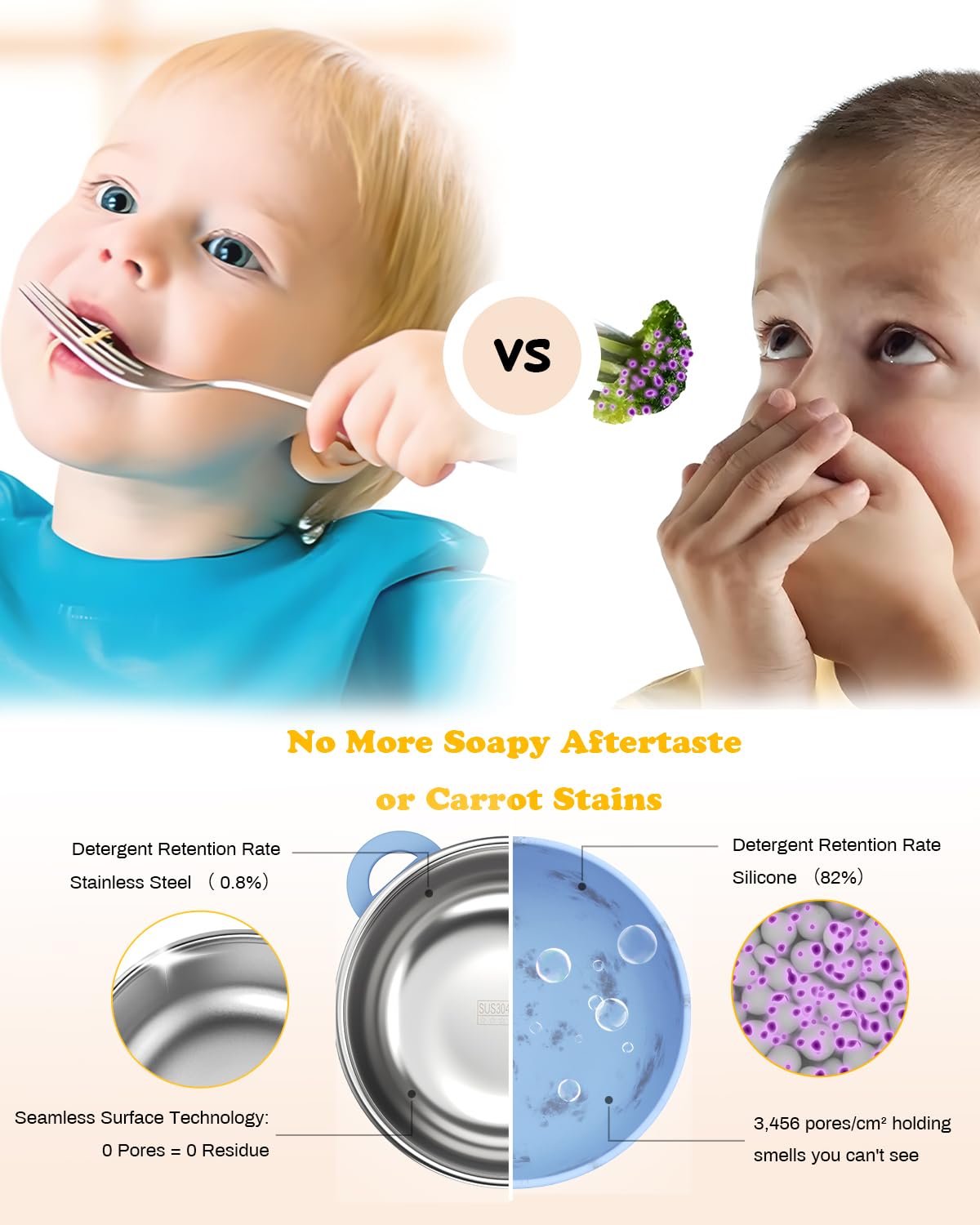 Bakpoco stainless-steel kids bowl closeup shows durable, safe design for curious toddlers ideal for independent self-feeding.