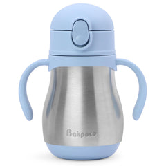 Bakpoco stainless steel straw sippy cup with blue handles for all-day hydration
