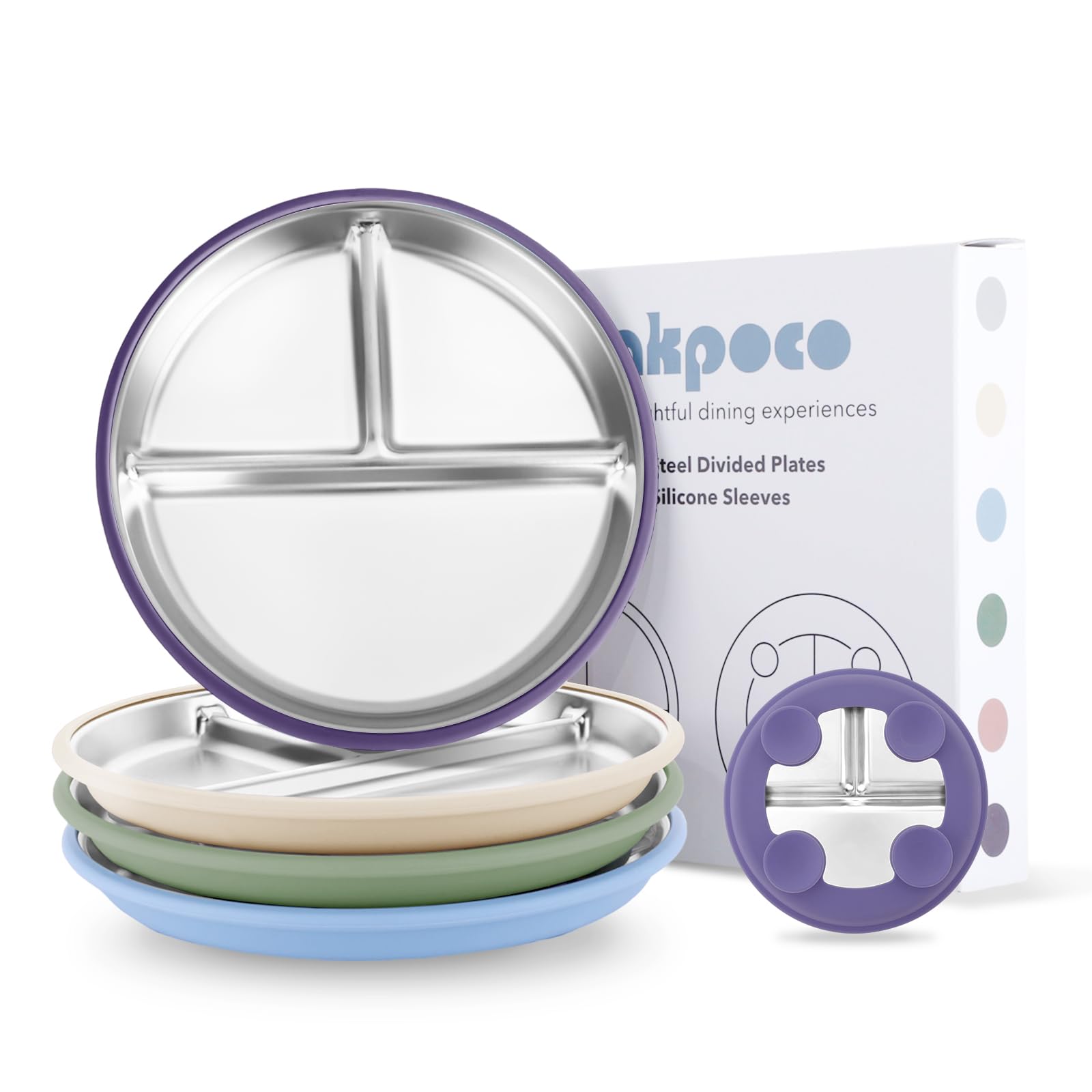 Bakpoco stainless-steel suction plate with three sections keeps meals organized on a tray.