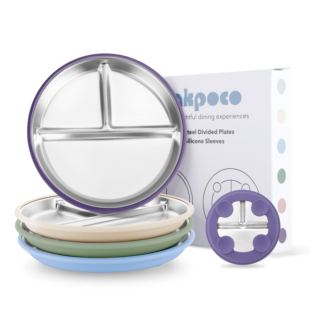 Bakpoco stainless-steel suction plate with three sections keeps meals organized on a tray.