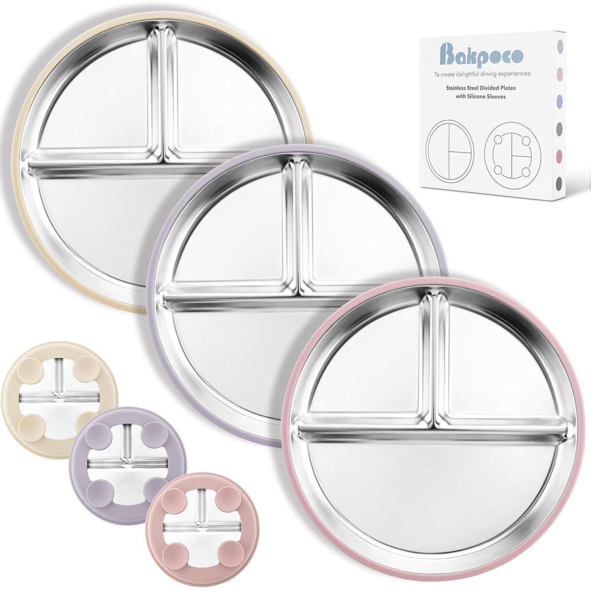 Bakpoco stainless-steel suction plate close-up highlights durable surface for easy cleaning.