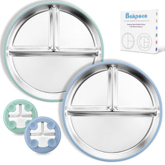 Bakpoco stainless steel toddler plate with suction base on a tray, promoting mess-free meals.