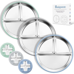 Bakpoco suction plate 9-inch divided blue-gray-sage on a tray supports self-feeding and less mess