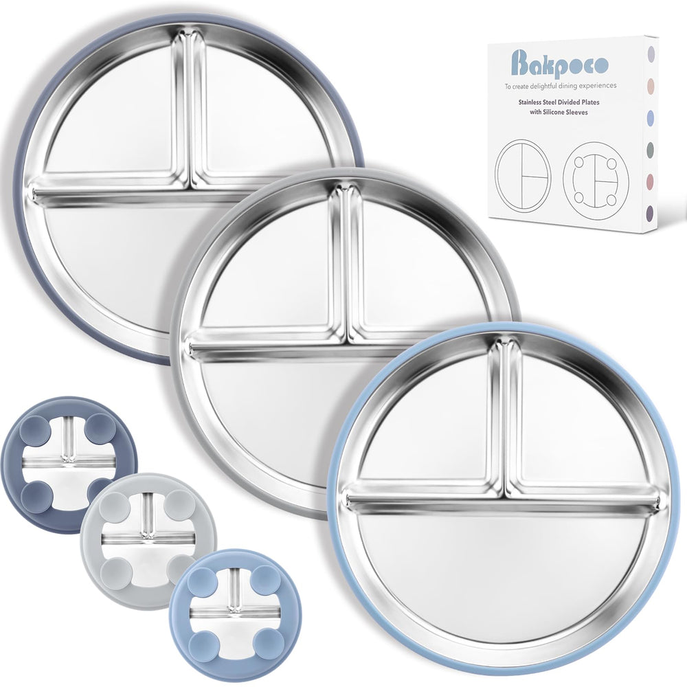 Bakpoco suction plate in blue-gray-navy on tray promotes mess-free toddler meals.