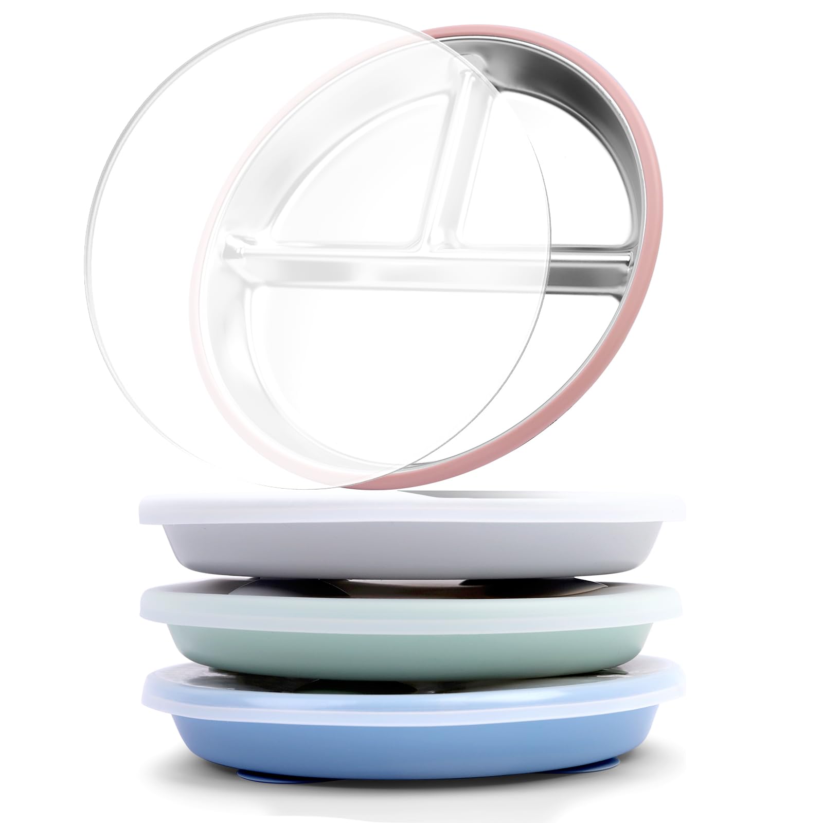 Bakpoco suction plate with lid in sage blue showing secure grip for mess-free meals