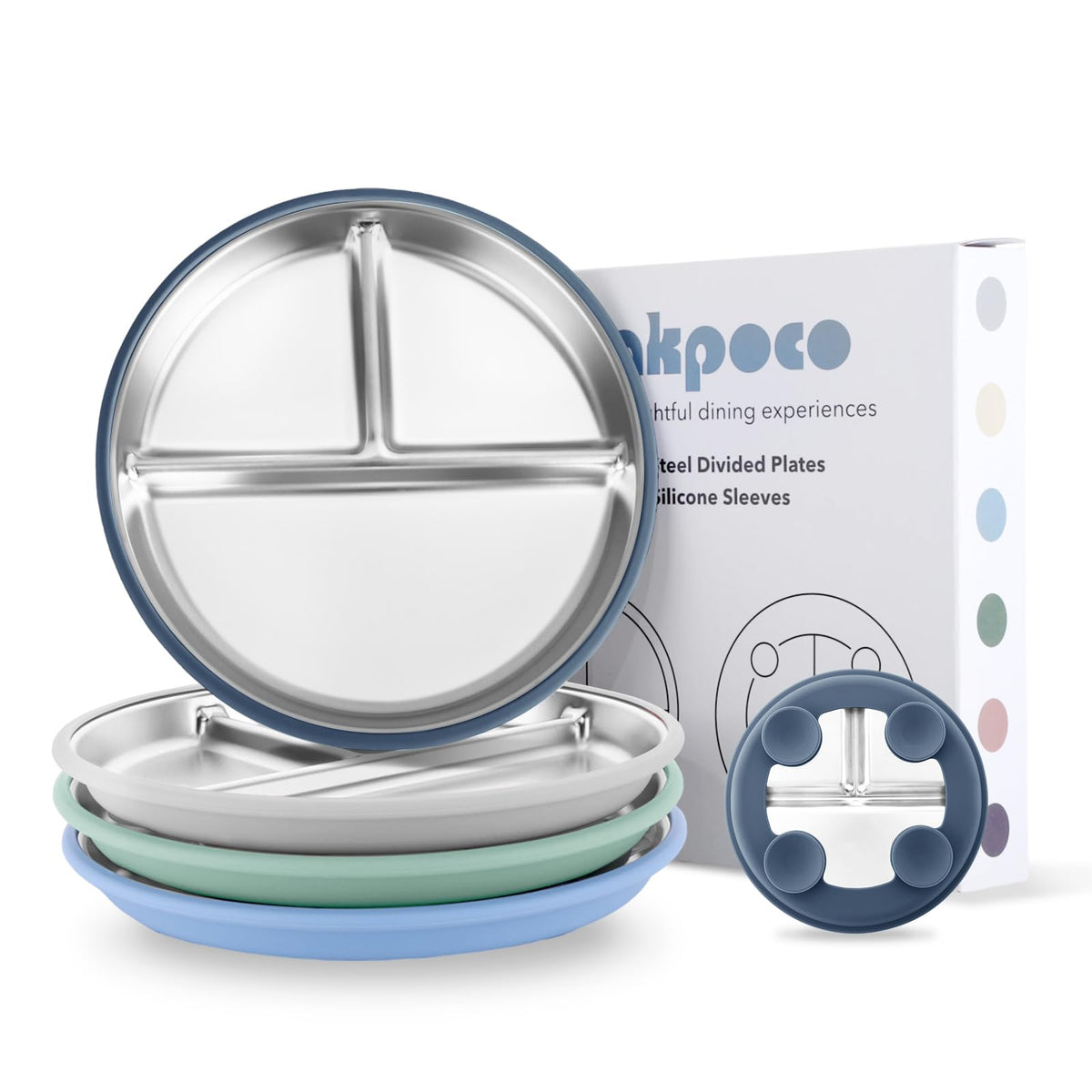 Bakpoco suction plates on highchair tray provide secure grip to reduce spills during self-feeding.