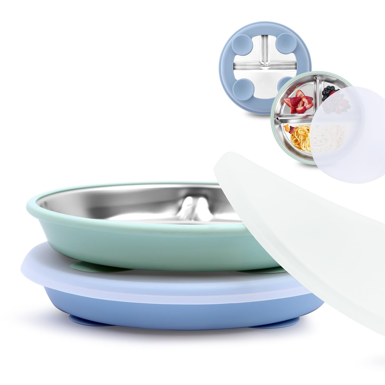 Bakpoco toddler suction plate base blue-sage demonstrates sturdy suction for spill control