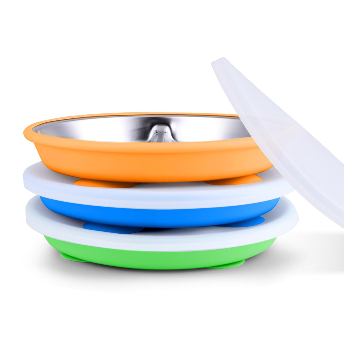 Bakpoco toddler suction plate with deep divided sections helps keep meals organized.