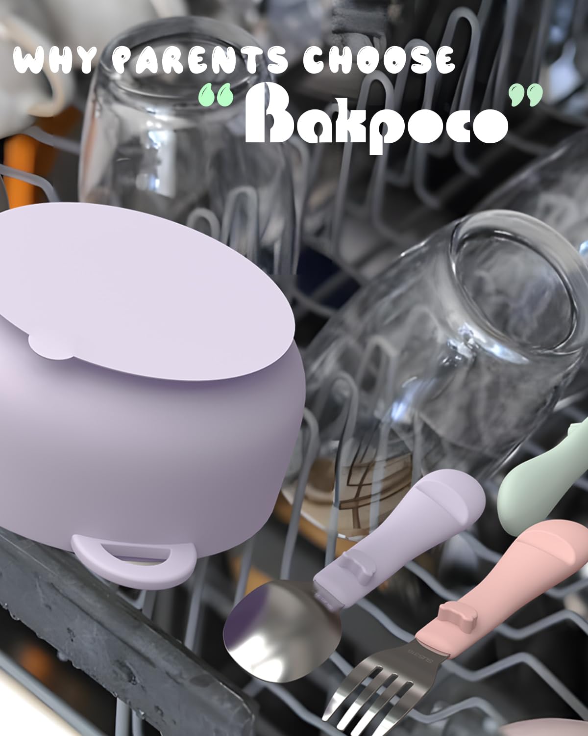 Bakpoco slim silicone handles support self-feeding milestones with comfortable grip.