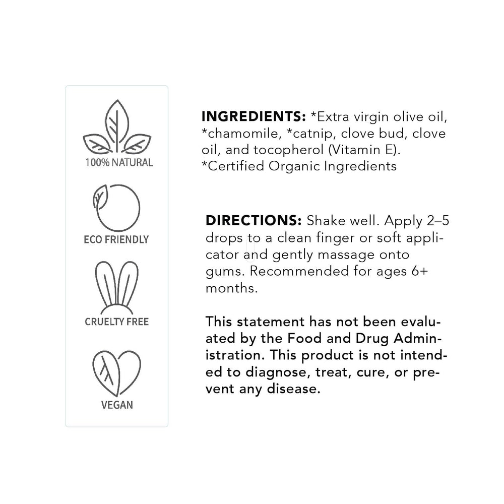 BALM! Baby Teething Oil Rub with chamomile and clove, calming herbal scent.