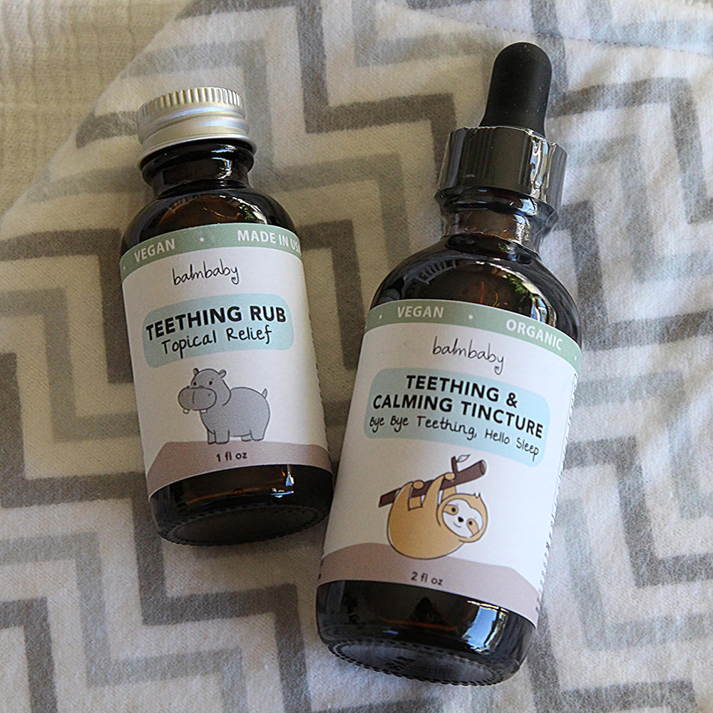 Balm! Baby Teething Tincture ingredients camomile and catnip promote gentle calm.