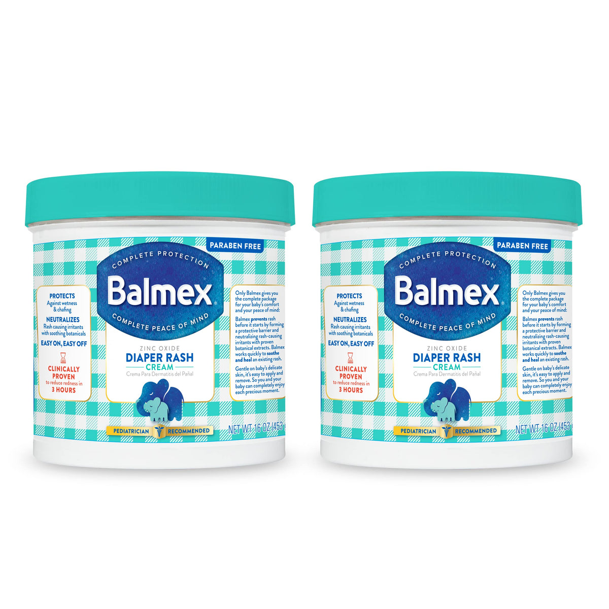 Balmex complete protection diaper cream 16oz jar front view for quick rash relief.