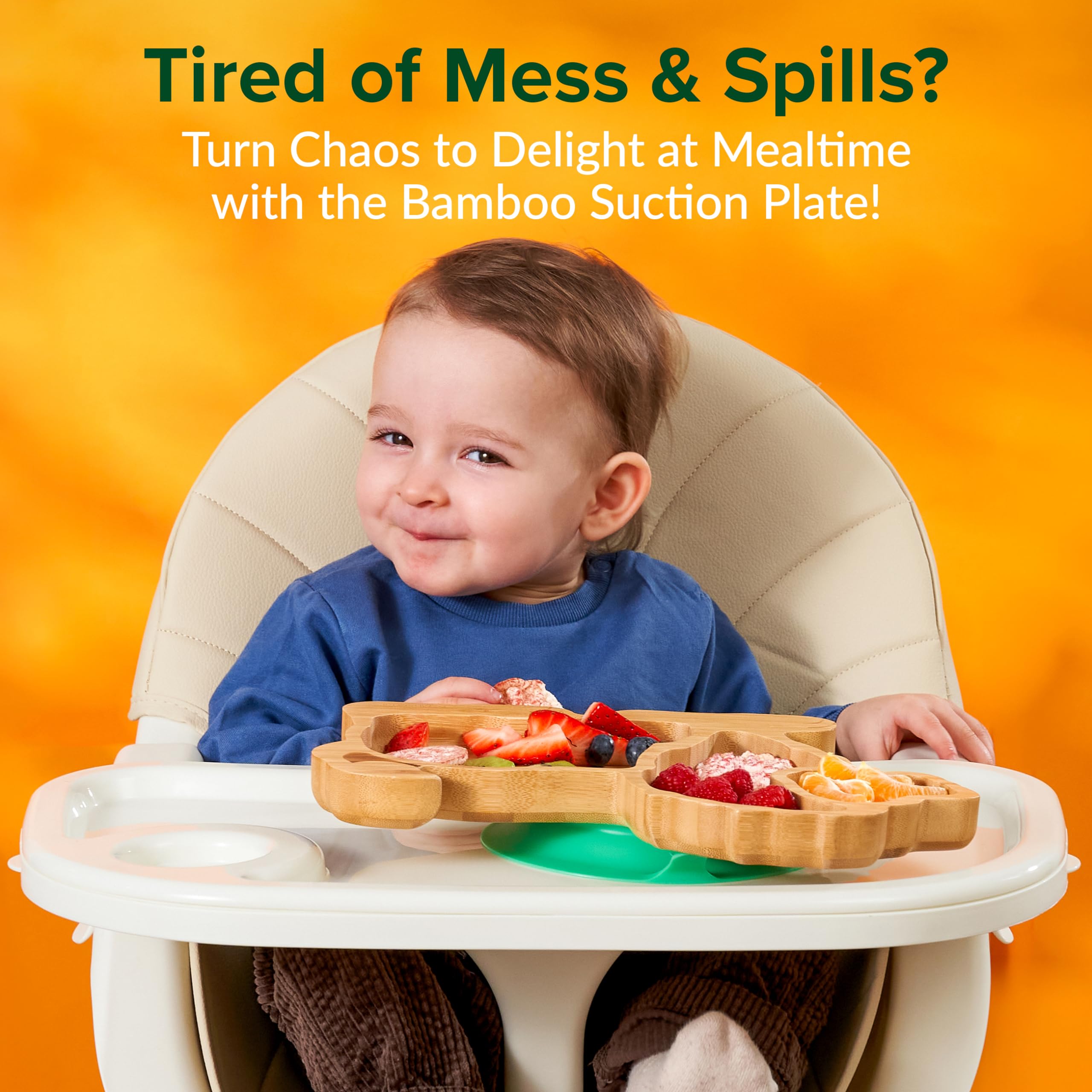 BamBamKidz Lion suction plate secure mount on high chair for neater mealtimes.