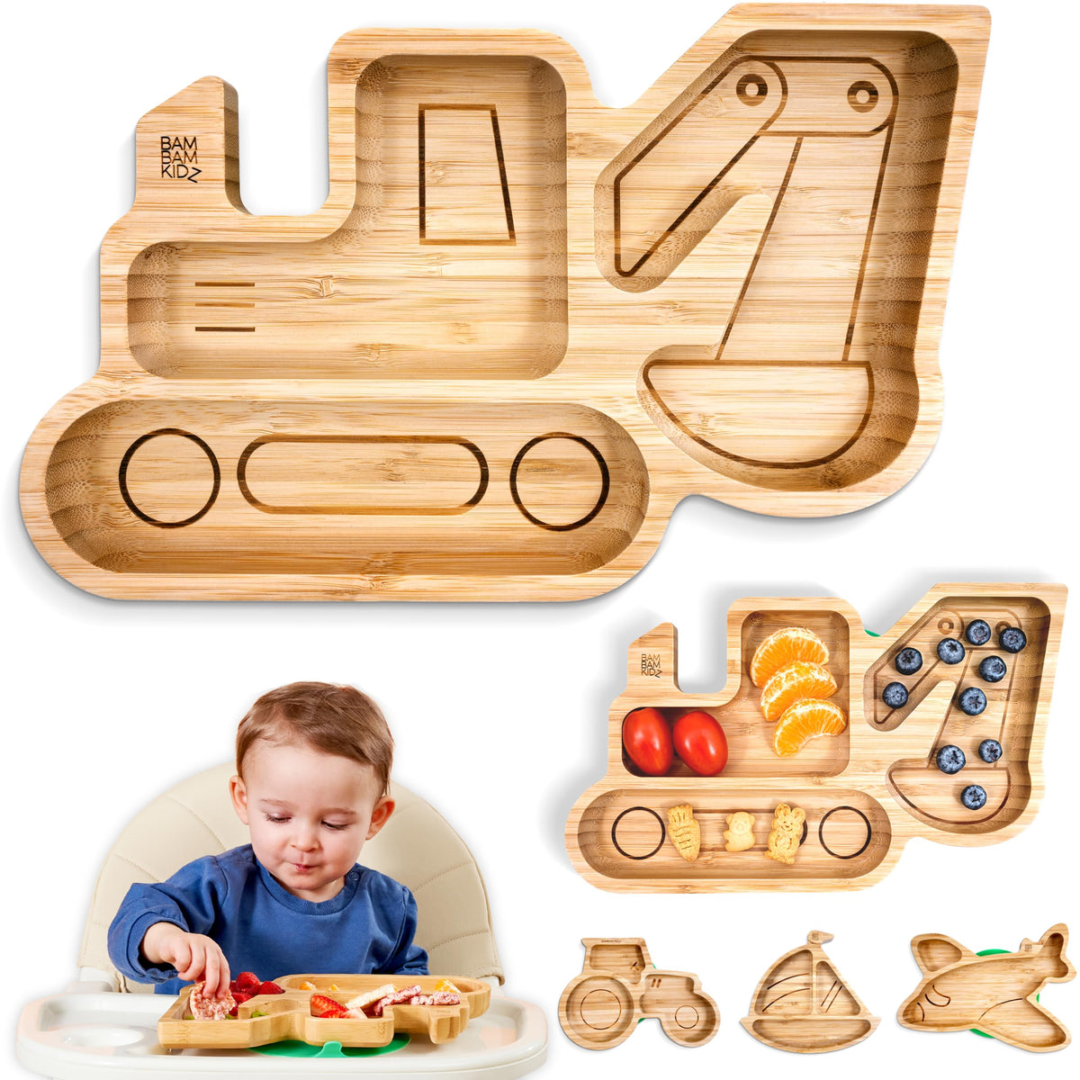 BamBamKidz bamboo divided suction plate close-up with digger motif for kid-friendly meals