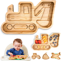 BamBamKidz bamboo divided suction plate close-up with digger motif for kid-friendly meals