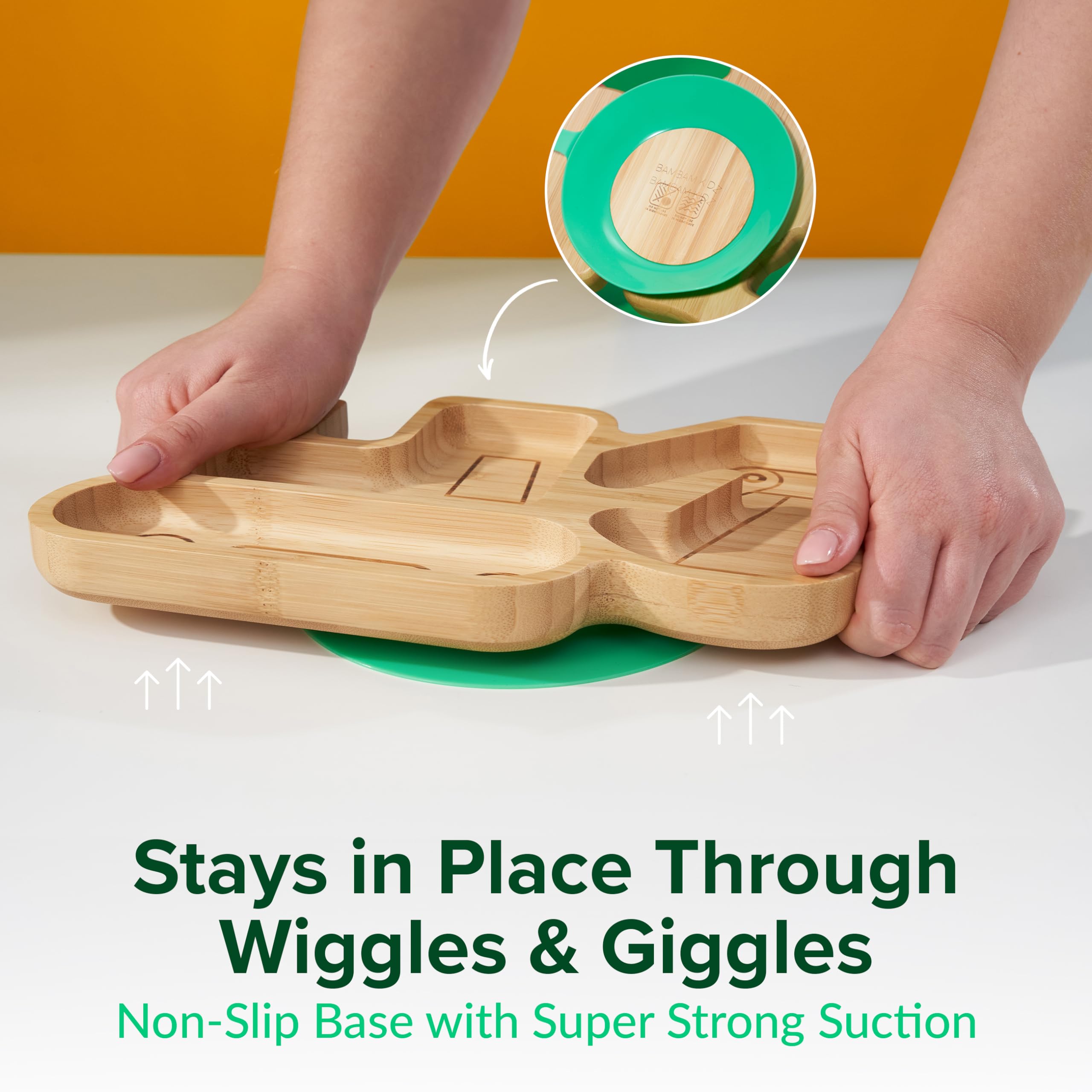 BamBamKidz bamboo divided suction plate front view with three compartments for varied foods