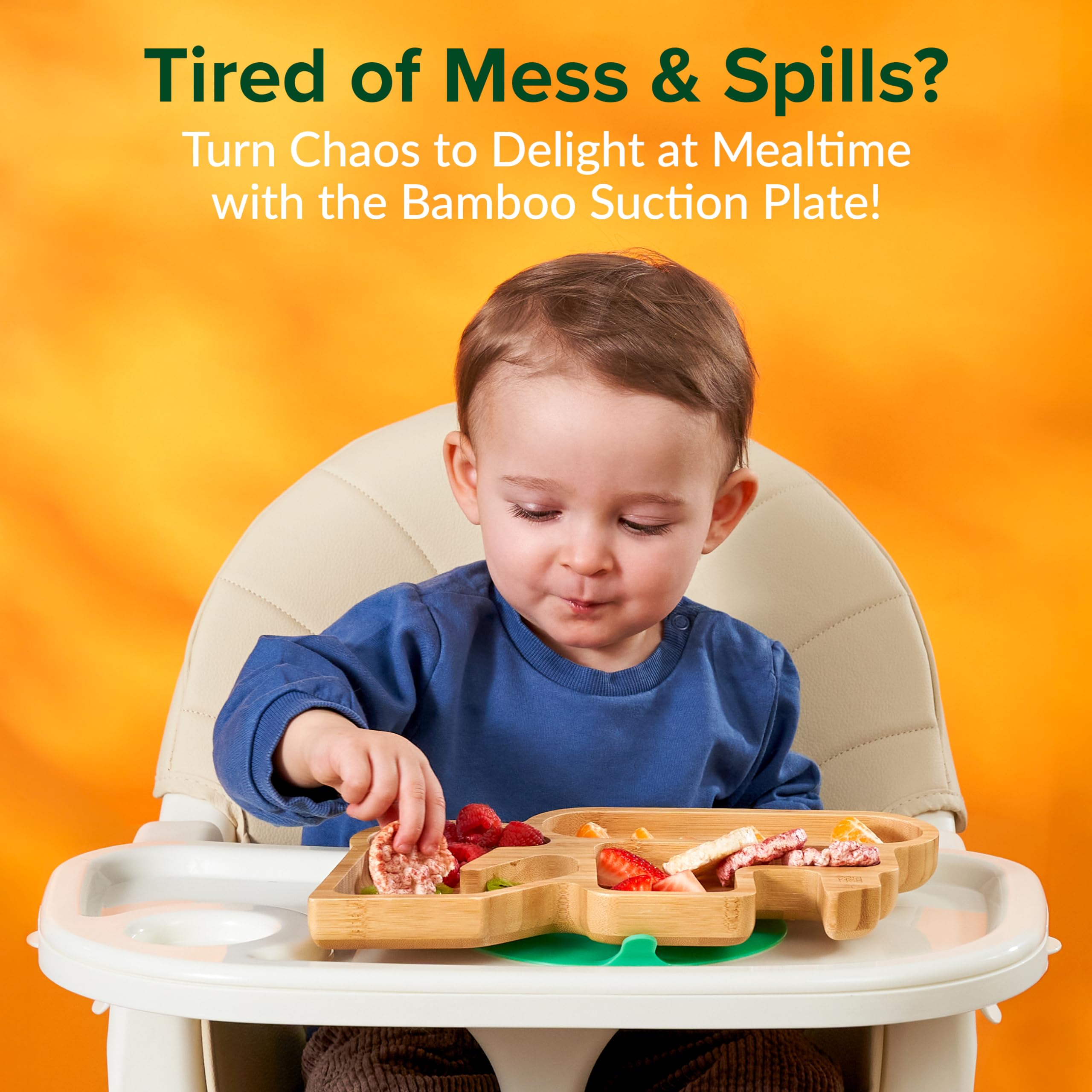 BamBamKidz bamboo divided suction plate on high chair showing strong suction for mess-free dining