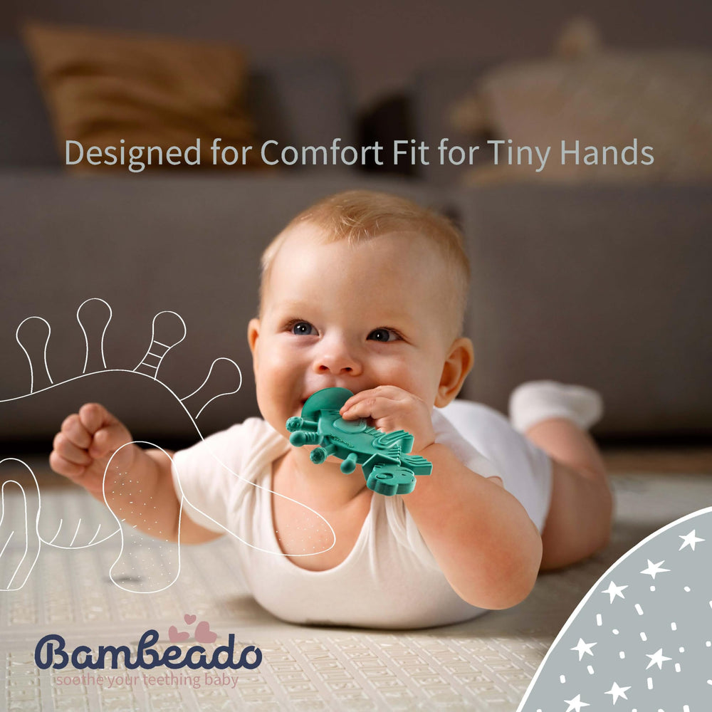 Bambeado Dibly Dino teether with brush-like tail supports oral hygiene routines
