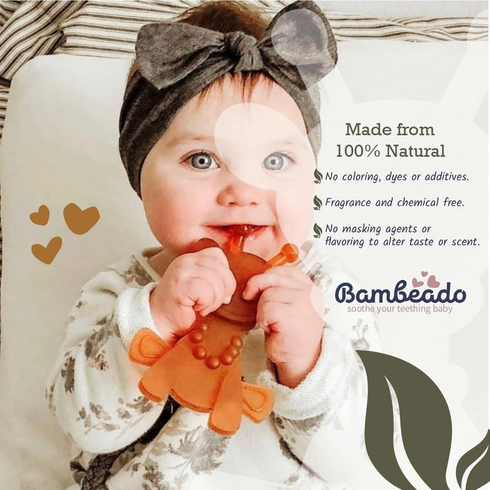 Bambeado LittleBamber giraffe teether chew action demonstrates safe chewing for babies