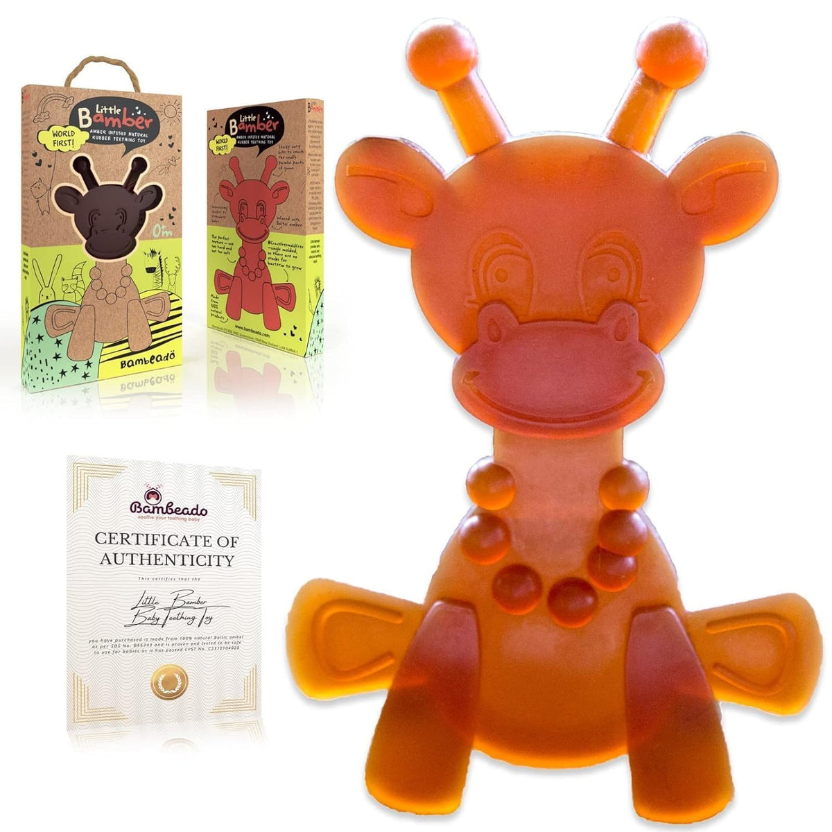 Bambeado LittleBamber giraffe teether closeup highlights natural rubber texture for soothing gums