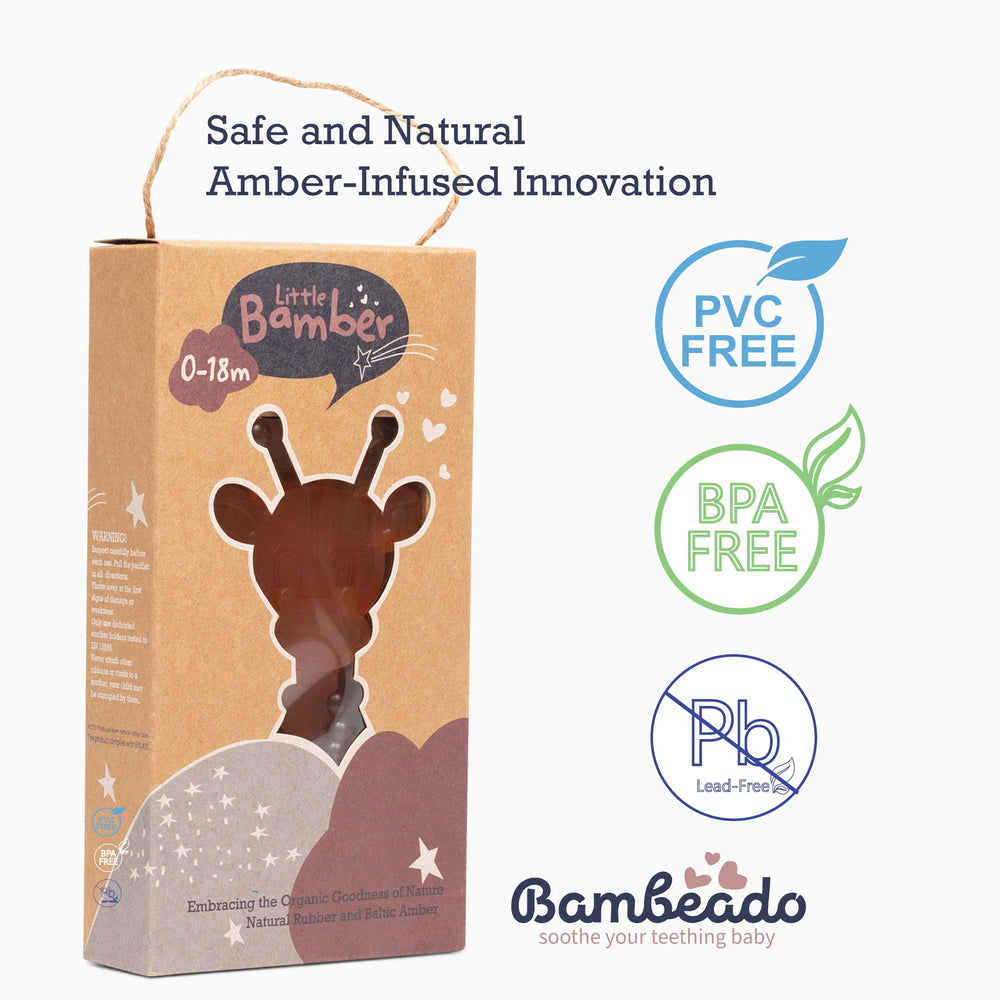 Bambeado LittleBamber giraffe teether hold view showcases easy grip for tiny hands