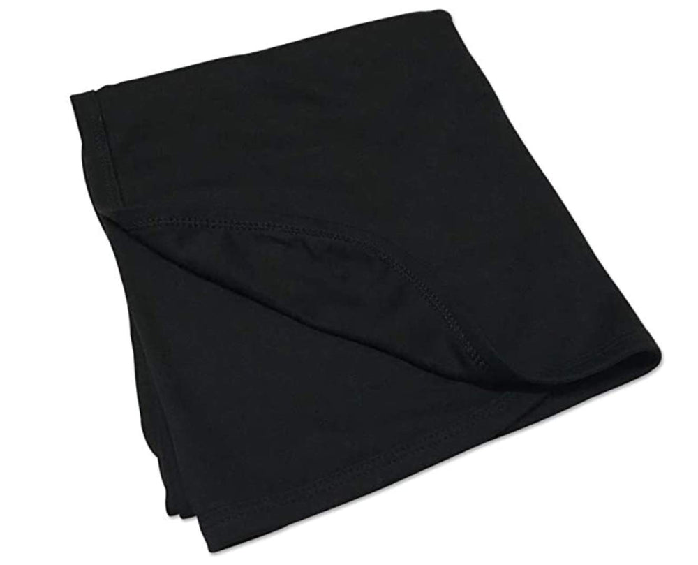 Bambini baby black blanket finished edges emphasizing durability and fray resistance.