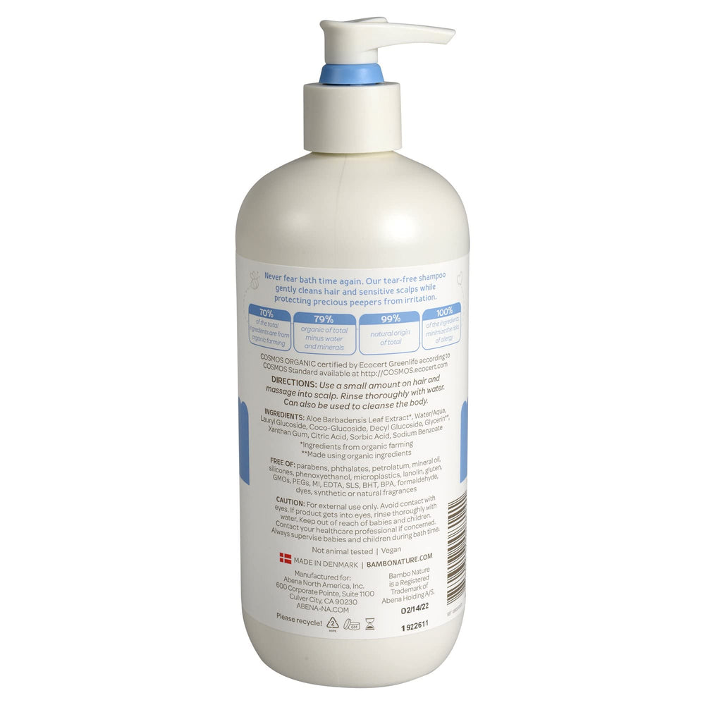 Bambo Nature Tear Clear Shampoo bottle back showing fragrance-free formula for sensitive skin.