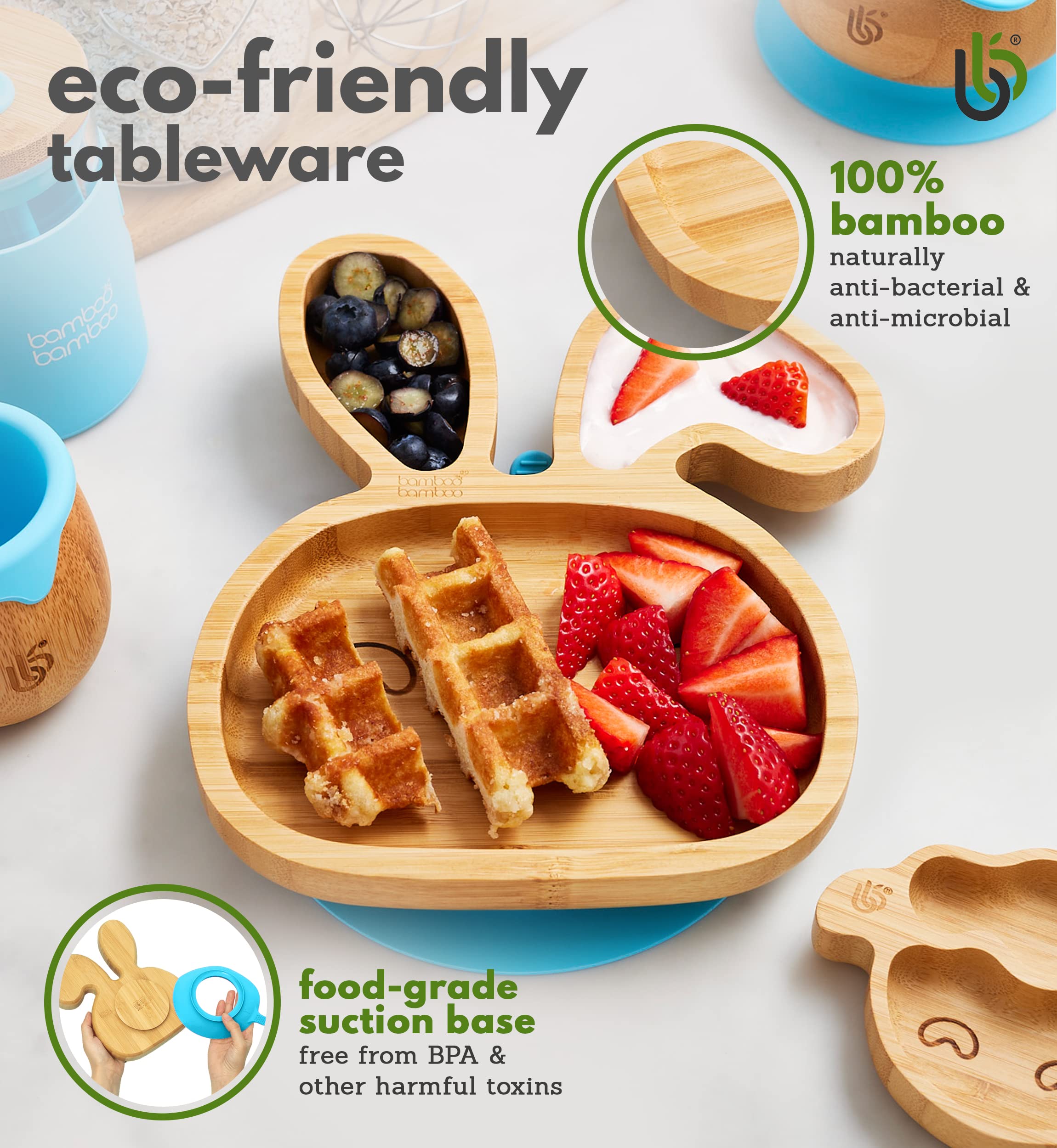 Bamboo Bamboo baby bunny plate design blue appeals to toddlers at mealtime.