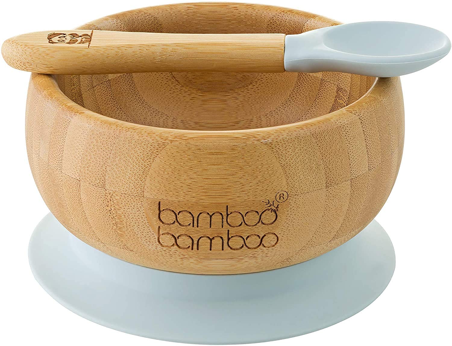 bamboo bamboo bowl and spoon set with silicone suction ring in grey for mess-free meals