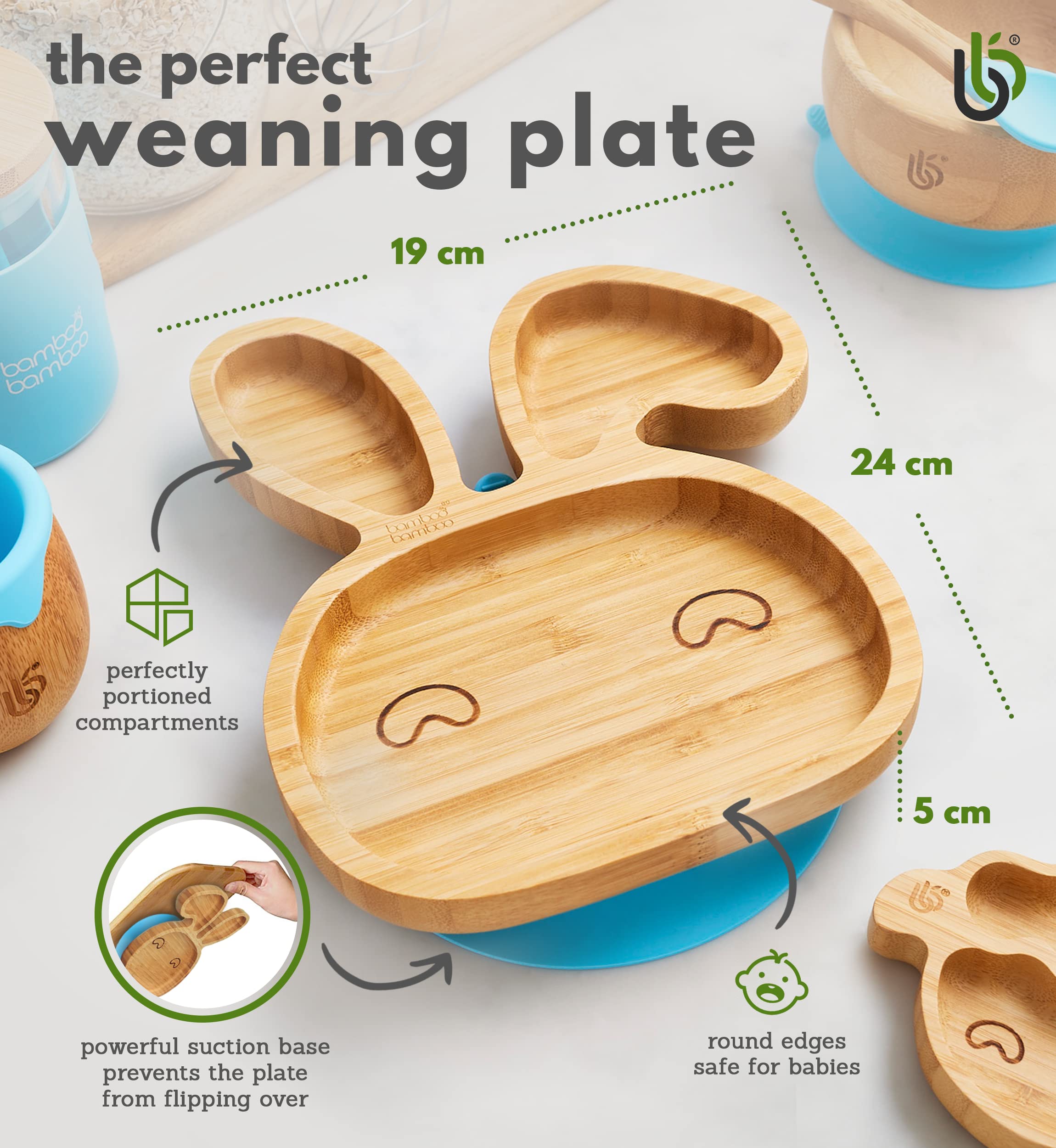 Bamboo Bamboo bunny-plate mealtime blue supports toddler self-feeding during meals.