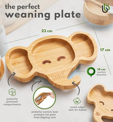 Bamboo Bamboo plate suction base close-up shows secure attachment for table meals.