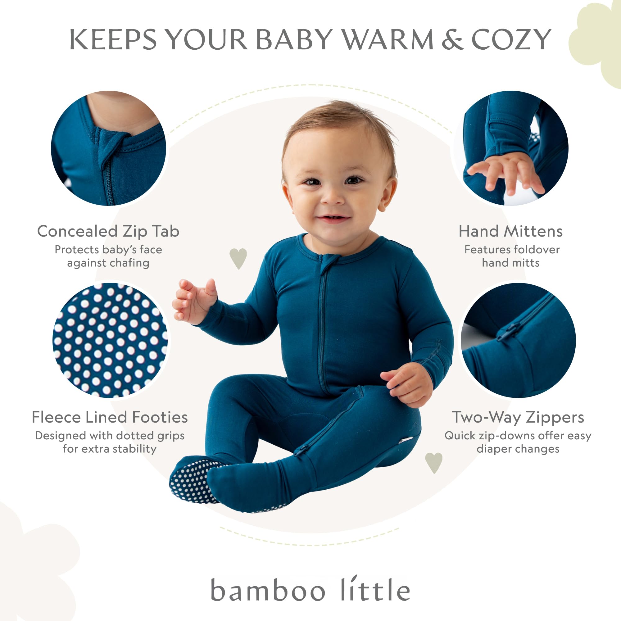 Bamboo Little footie with foldover mittens prevents scratches and adds cozy coverage.