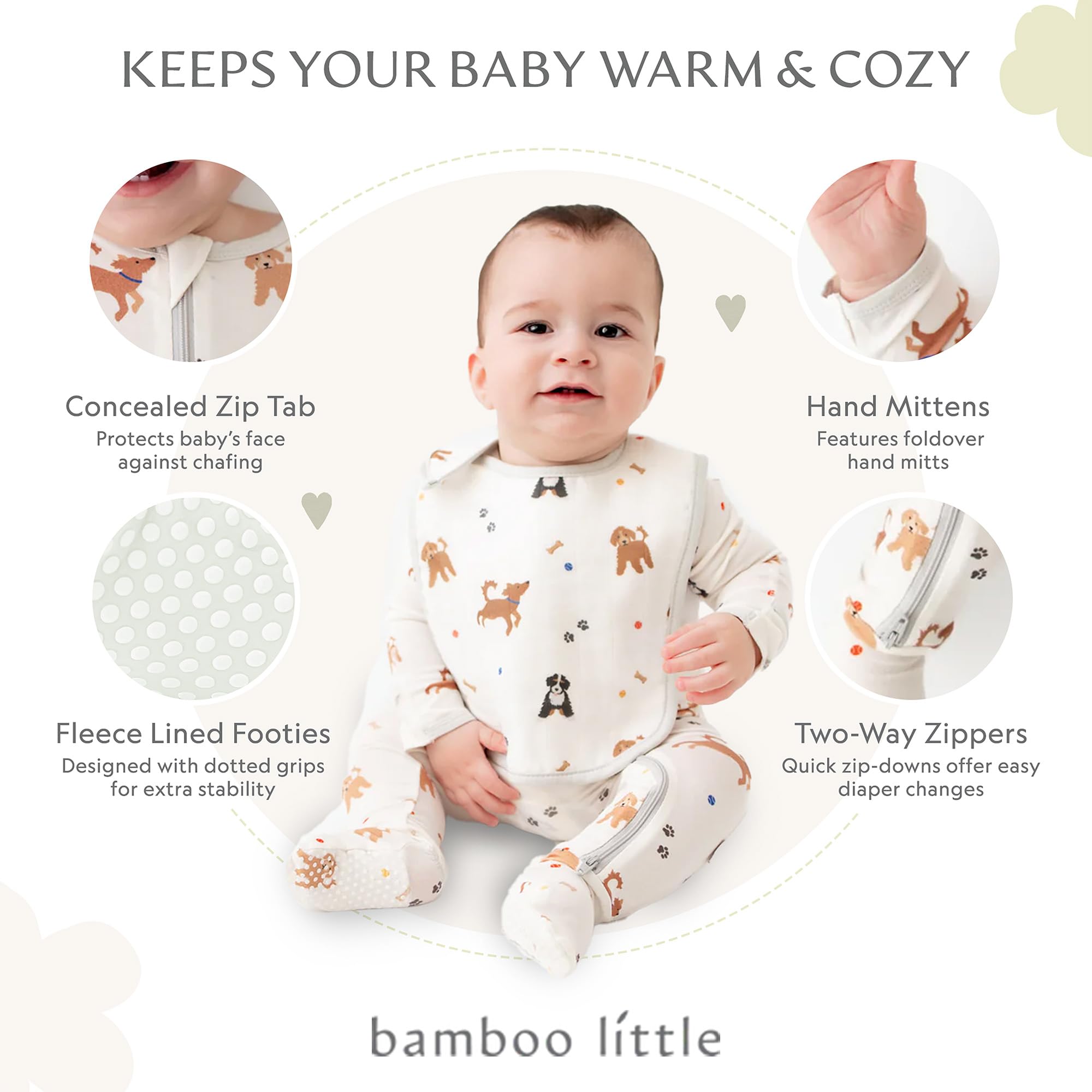 Bamboo Little concealed zipper tab on footie pajamas protects baby's chin during dressing.