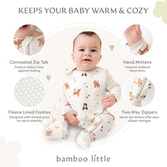 Bamboo Little concealed zipper tab on footie pajamas protects baby's chin during dressing.