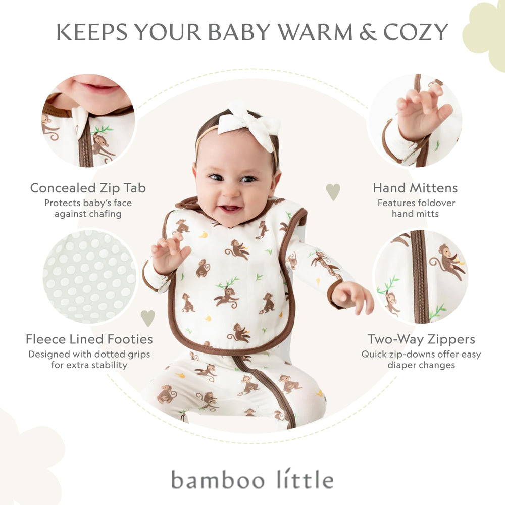 Bamboo Little footie pajamas diagonal two-way zip highlight easy diaper changes.