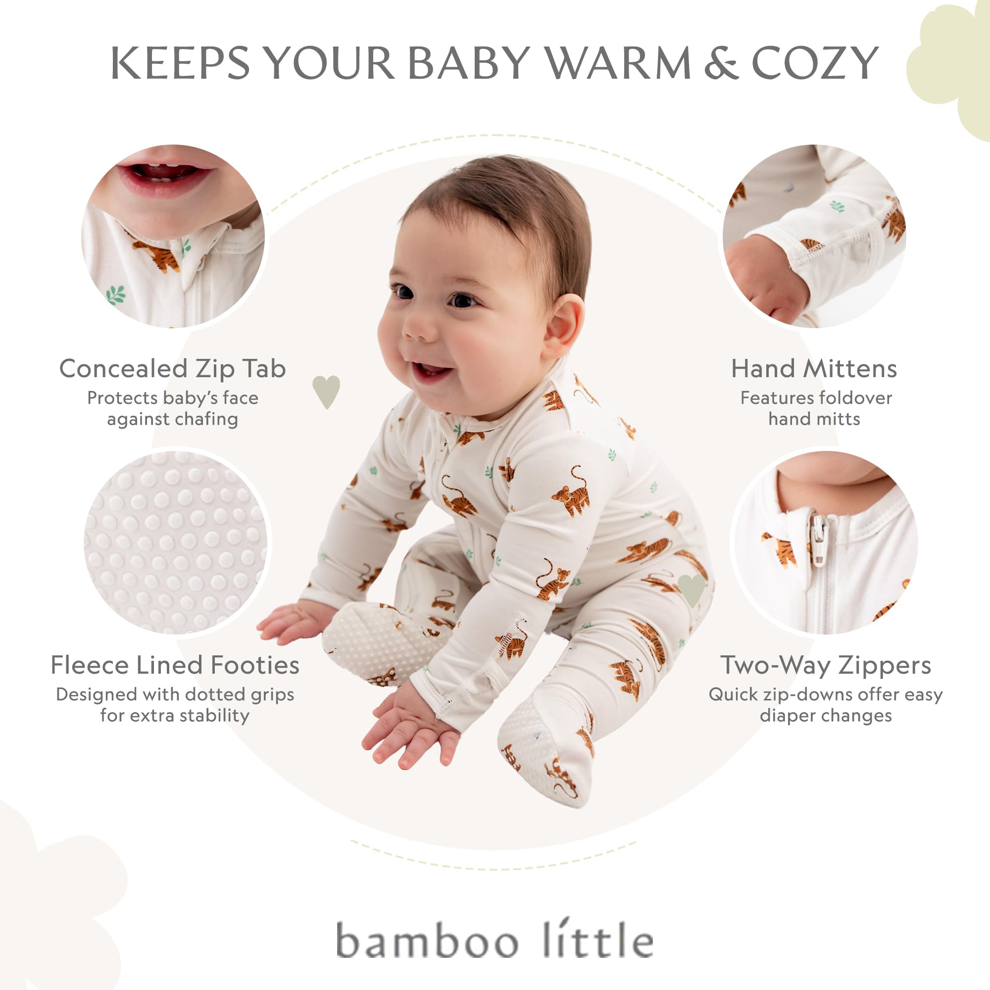 Bamboo Little tiger print footie on crib view highlights cozy coverage for naps