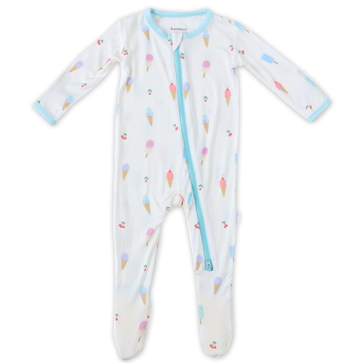 Bamboo Little soft baby footie in ice-cream print for cozy sleep with breathable fabric.