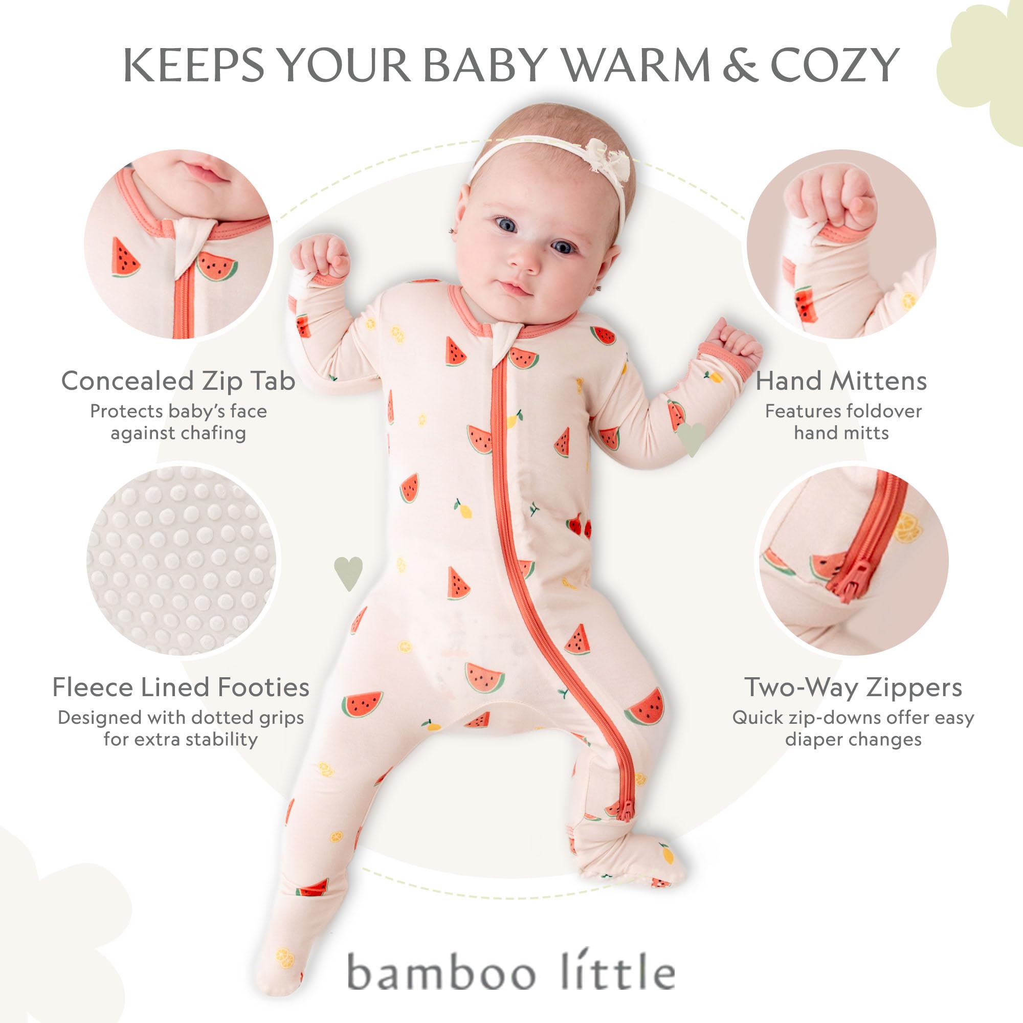Bamboo Little Watermelon footie zipper close-up shows easy diaper changes