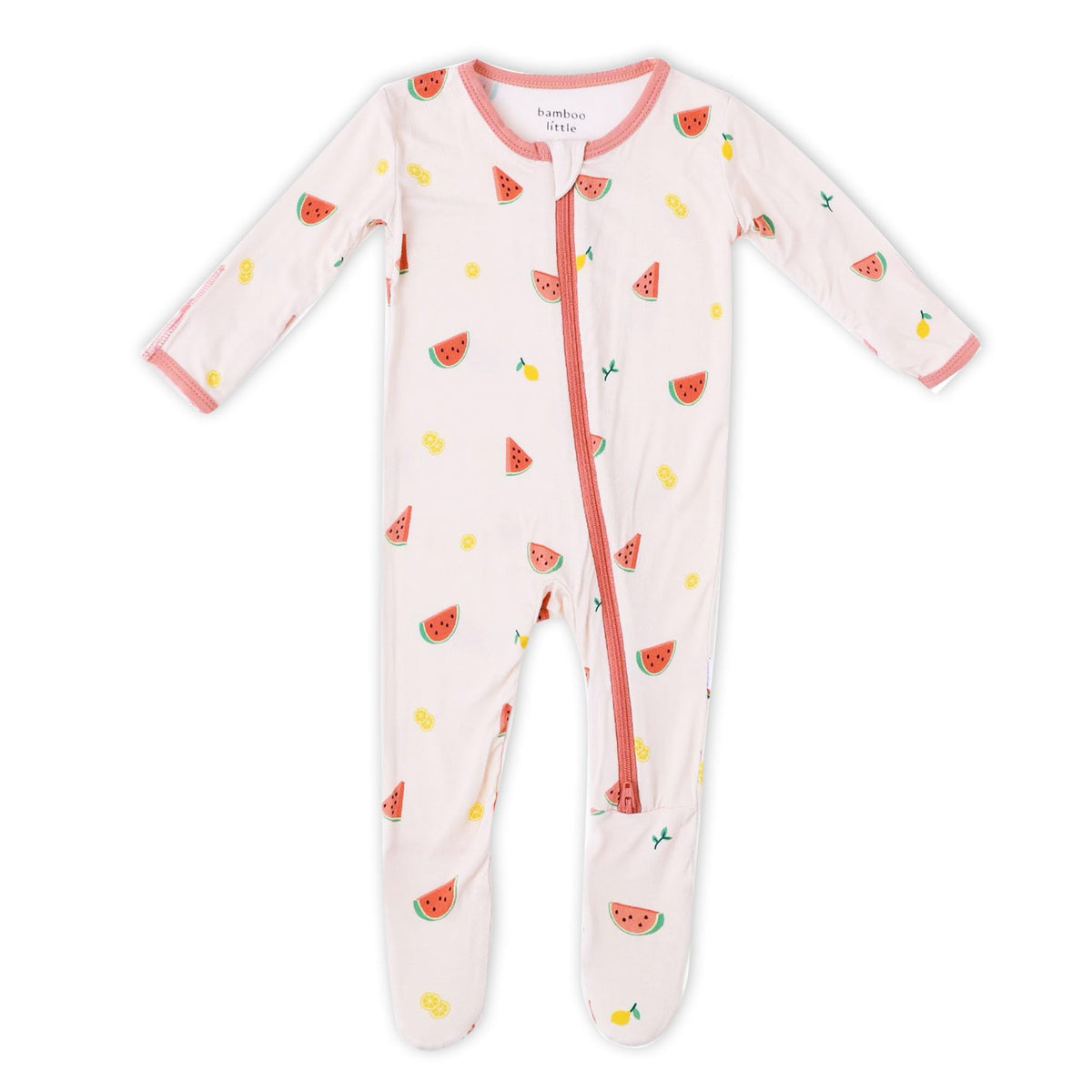 Bamboo Little Soft Baby Footie Pajamas Watermelon front view highlights soft, breathable comfort