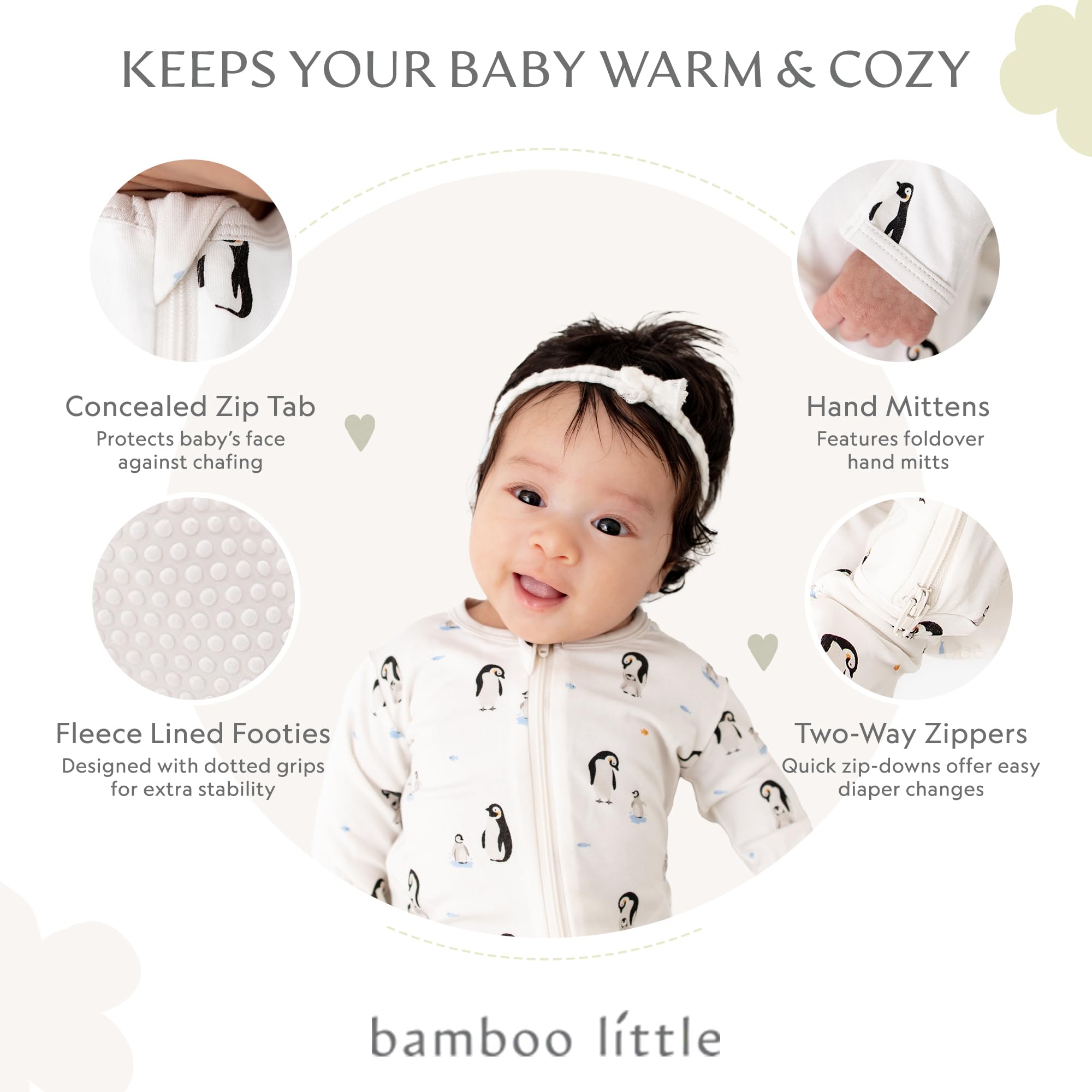 Bamboo Little soft baby footie penguin back view highlights skin-friendly design for sensitive babies.