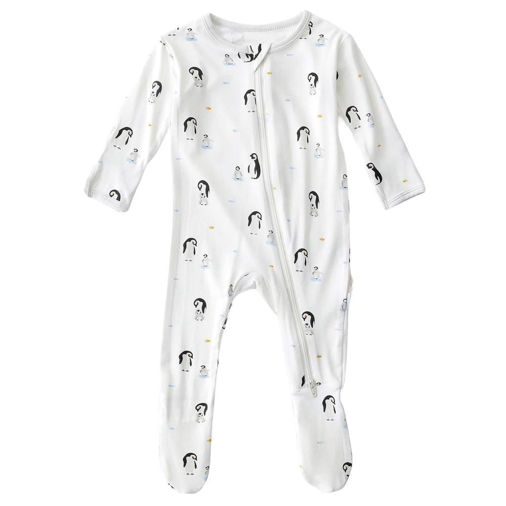 Bamboo Little soft baby footie penguin front view shows breathable comfort for newborns.