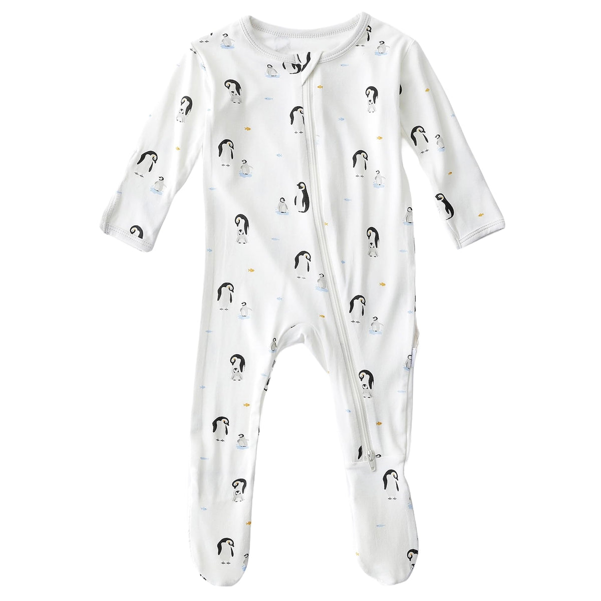 Bamboo Little soft baby footie penguin front view shows breathable comfort for newborns.