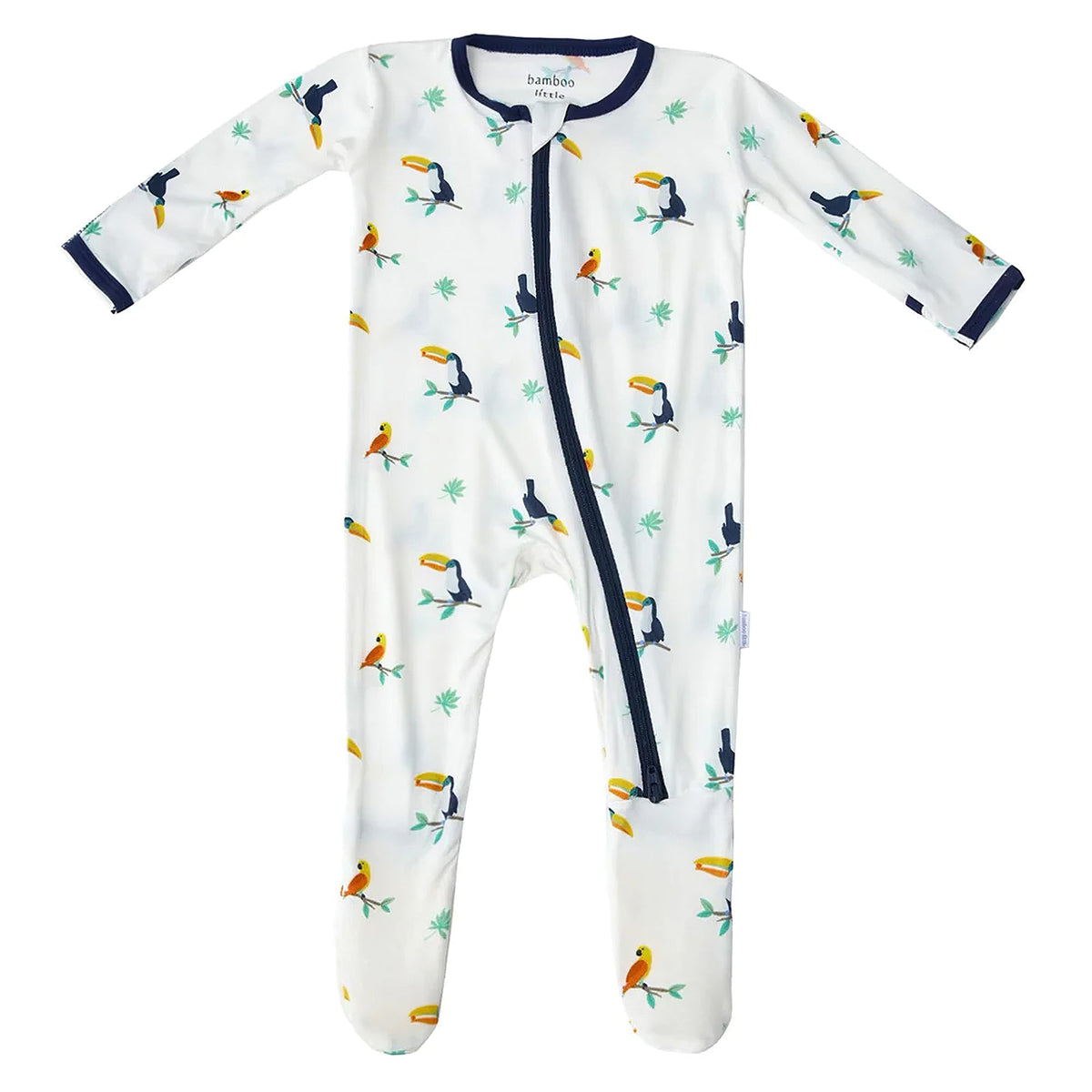Bamboo Little soft baby footie Toucan front view shows breathable fabric for all-day comfort.