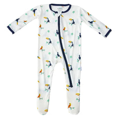 Bamboo Little soft baby footie Toucan front view shows breathable fabric for all-day comfort.