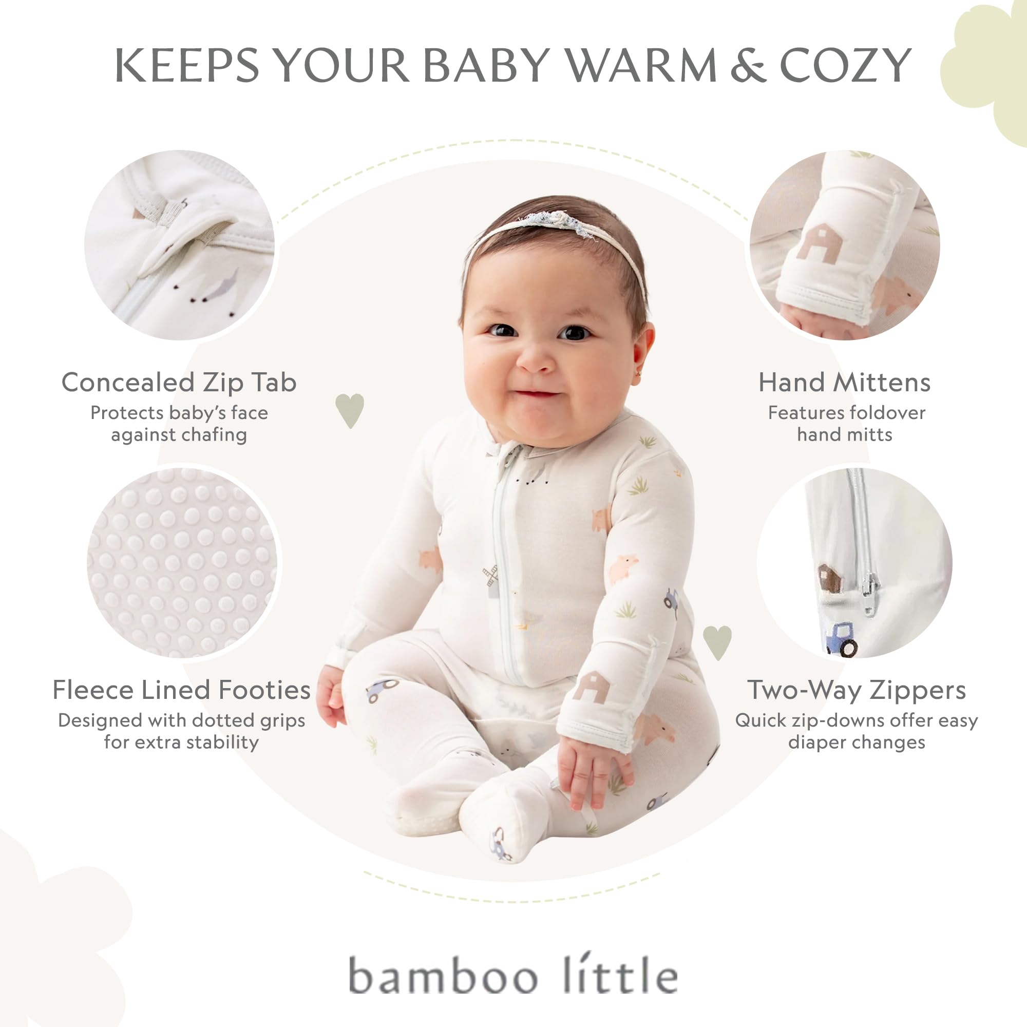 Bamboo Little footie with diagonal two-way zip enables quick diaper changes
