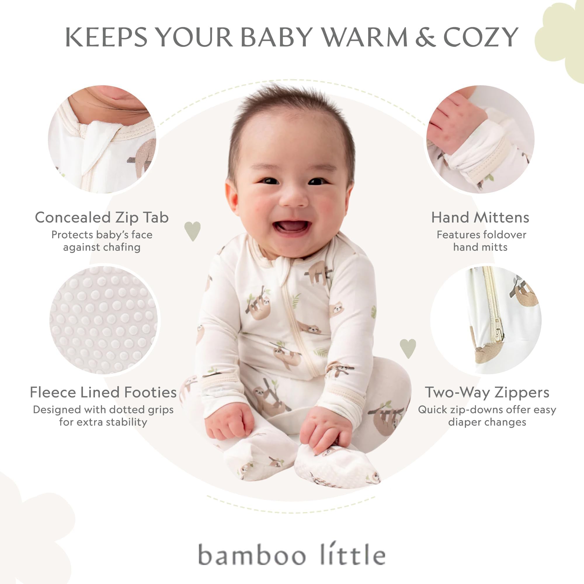 Bamboo Little soft footie two-way zipper enables quick diaper changes